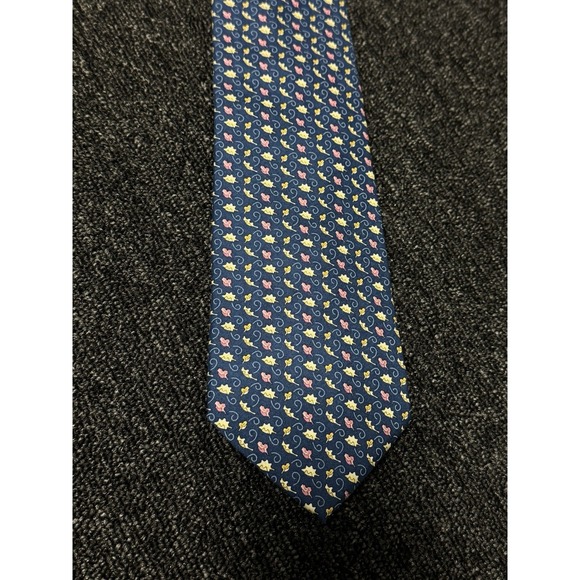 Vineyard Vines Silk Tie Navy Blue Pink Yellow Leaf Pattern Men's Fall‎ Holiday - Picture 2 of 6
